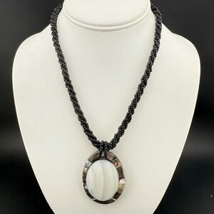 Oval Shell Pendant Necklace Black Beaded Chain Unique Statement Jewelry